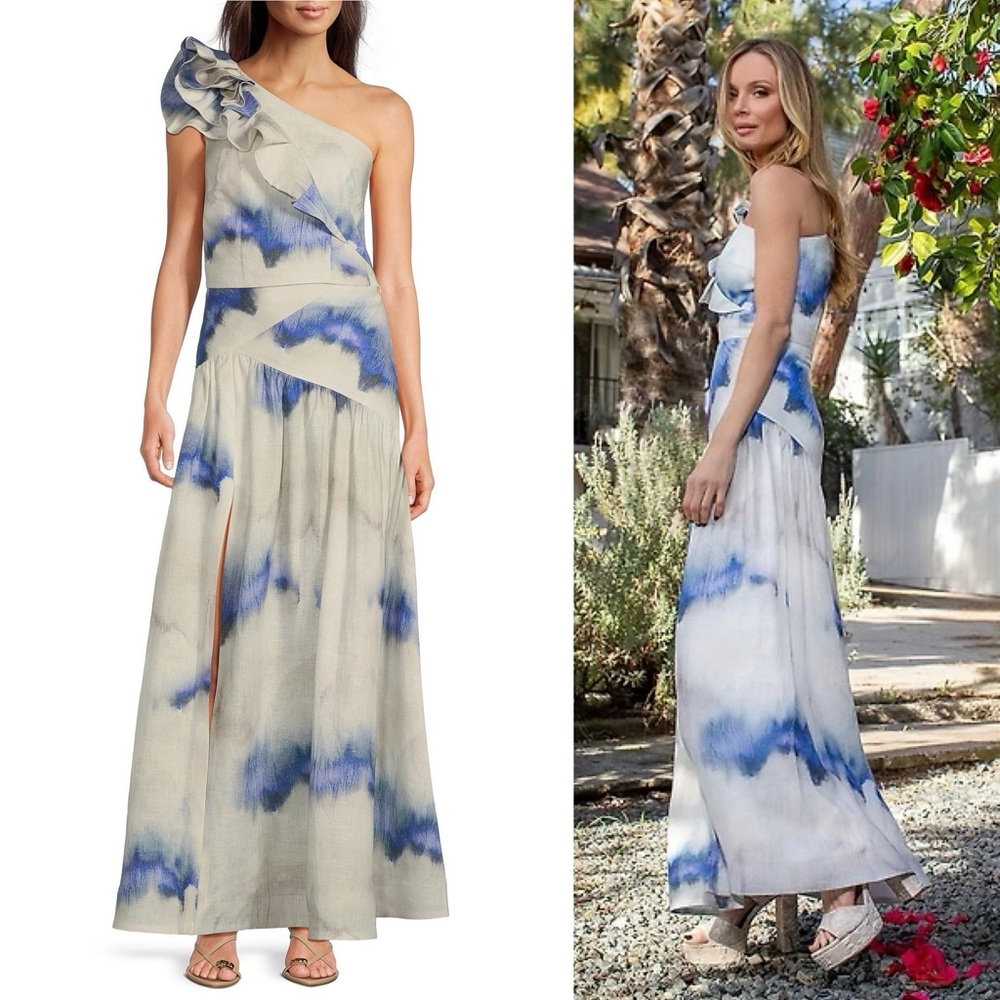 NWT Muse by Marchesa Ren Dye Print Two Piece Linen One Shoulder Top & Skirt Set